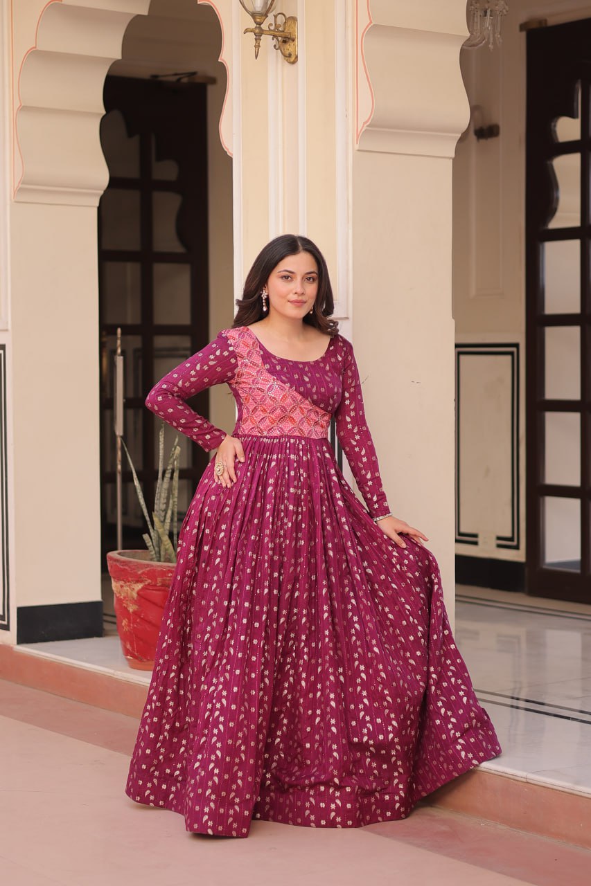 Wine Color Position Print Choli With Staple Jequard Weaving Work Gown
