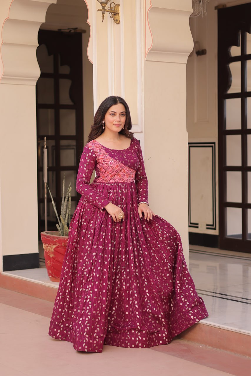 Wine Color Position Print Choli With Staple Jequard Weaving Work Gown
