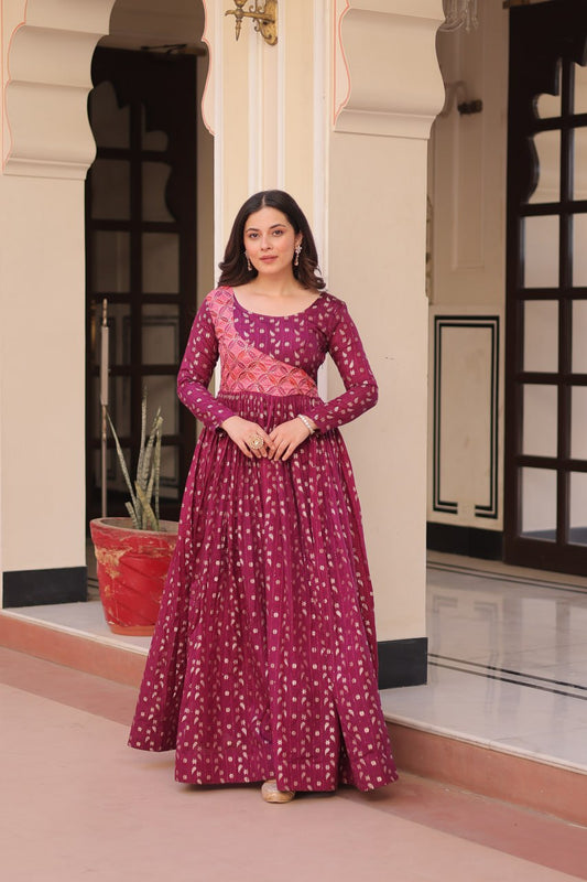 Wine Color Position Print Choli With Staple Jequard Weaving Work Gown