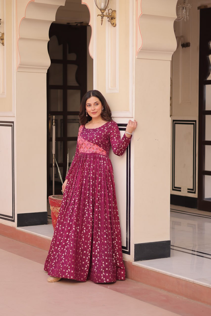 Wine Color Position Print Choli With Staple Jequard Weaving Work Gown