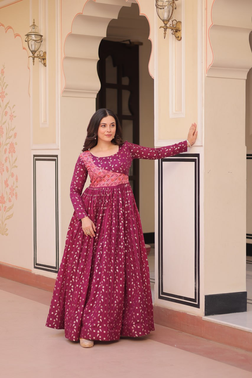 Wine Color Position Print Choli With Staple Jequard Weaving Work Gown