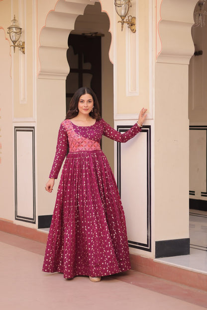 Wine Color Position Print Choli With Staple Jequard Weaving Work Gown