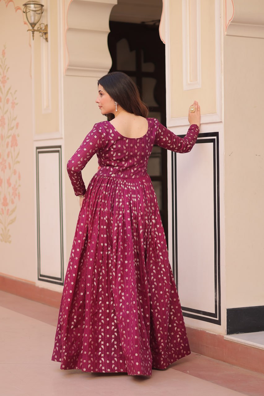 Wine Color Position Print Choli With Staple Jequard Weaving Work Gown