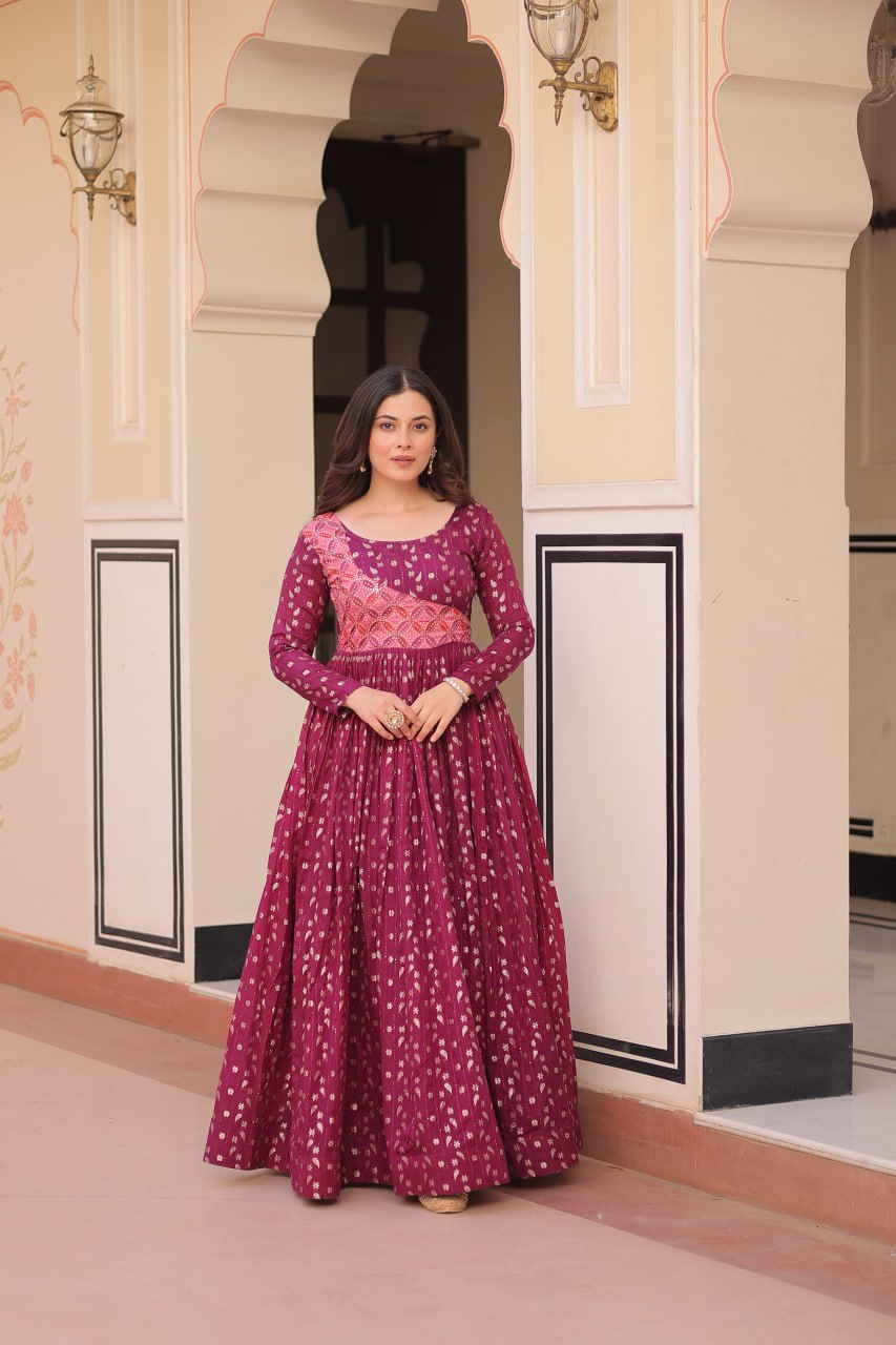 Wine Color Position Print Choli With Staple Jequard Weaving Work Gown