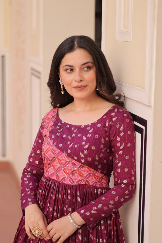 Wine Color Position Print Choli With Staple Jequard Weaving Work Gown