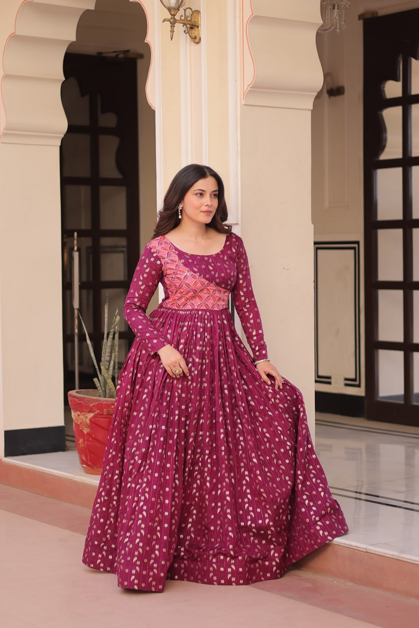 Wine Color Position Print Choli With Staple Jequard Weaving Work Gown