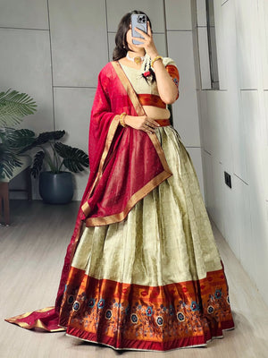 Heritage silk lehenga choli pista green with red Paithani border
