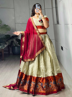 Pista green silk chaniya choli with red mukaish dupatta
