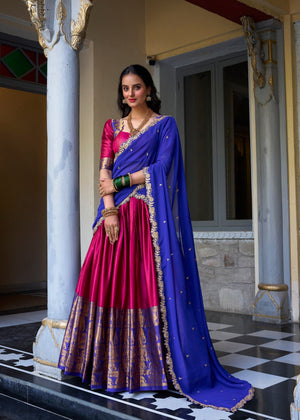 Rani pink Narayan Pattu silk half saree with gold zari weaving border and blue dupatta

