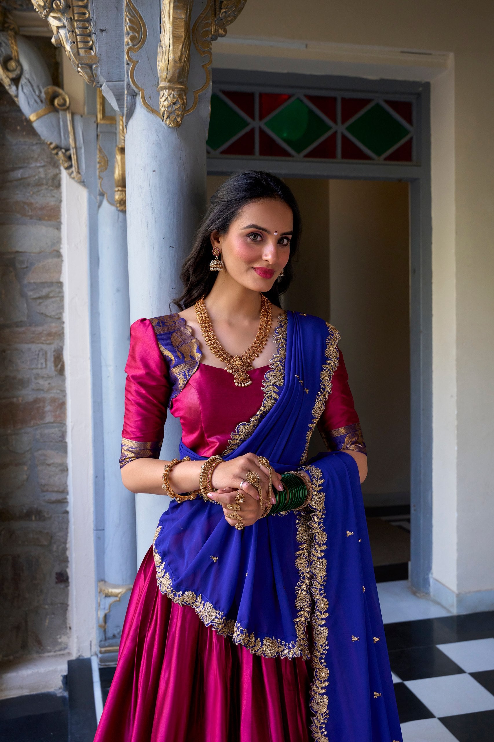 Narayan Pattu silk lehenga rani pink with traditional zari weaving work
