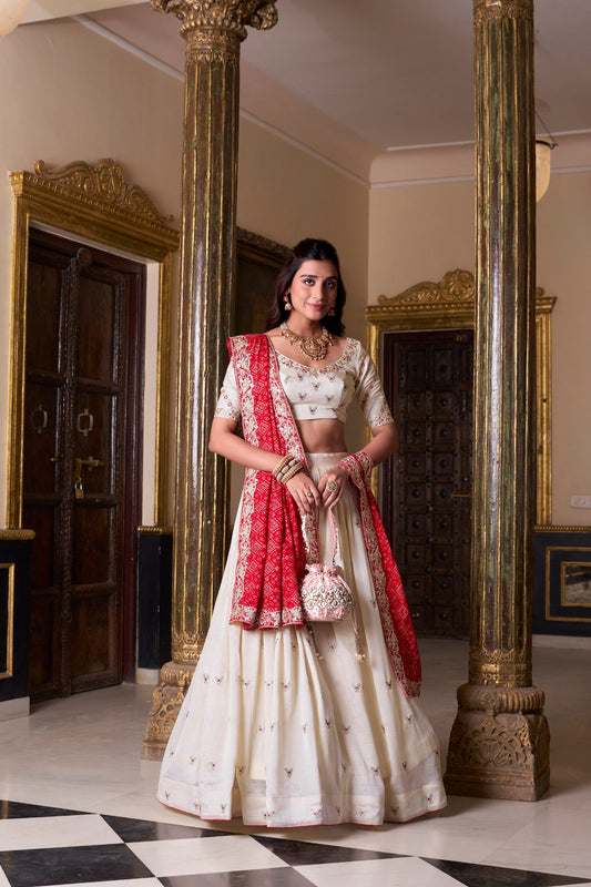 Off White Vichitra Silk Sequins And Thread Embroidery Work Lehenga Choli