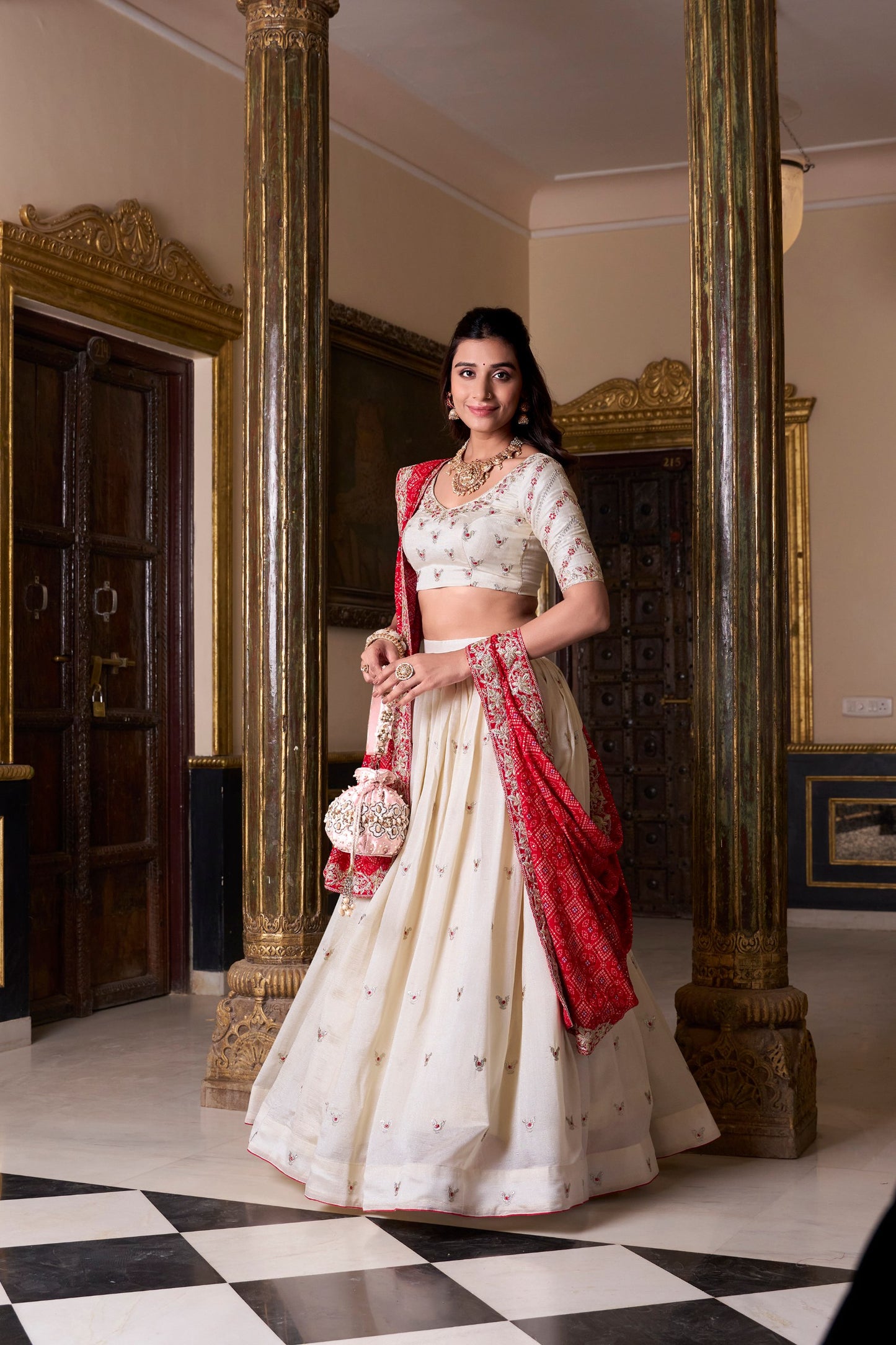 Off White Vichitra Silk Sequins And Thread Embroidery Work Lehenga Choli