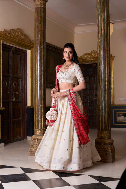 Off White Vichitra Silk Sequins And Thread Embroidery Work Lehenga Choli