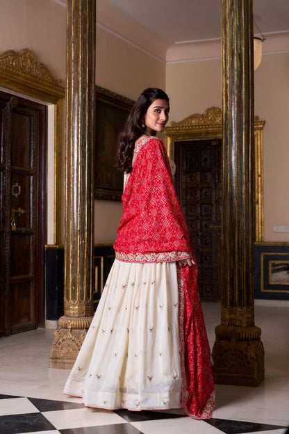 Off White Vichitra Silk Sequins And Thread Embroidery Work Lehenga Choli