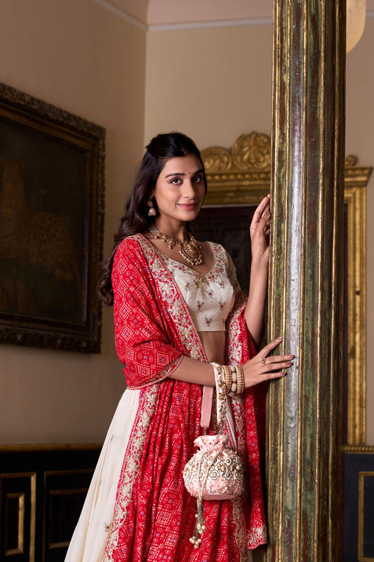 Off White Vichitra Silk Sequins And Thread Embroidery Work Lehenga Choli