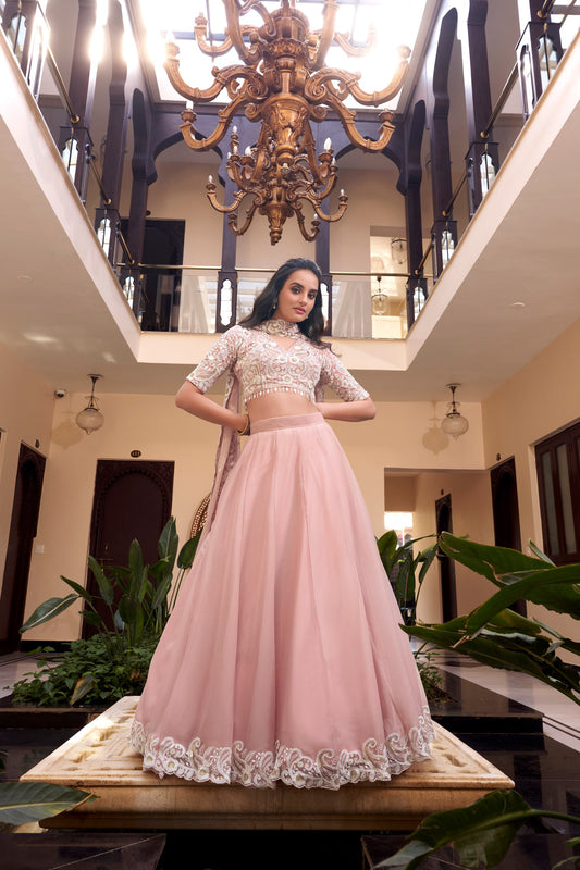 Peach Weone Silk Pearl Coding And Sequins Embroidery Work Lehenga Choli