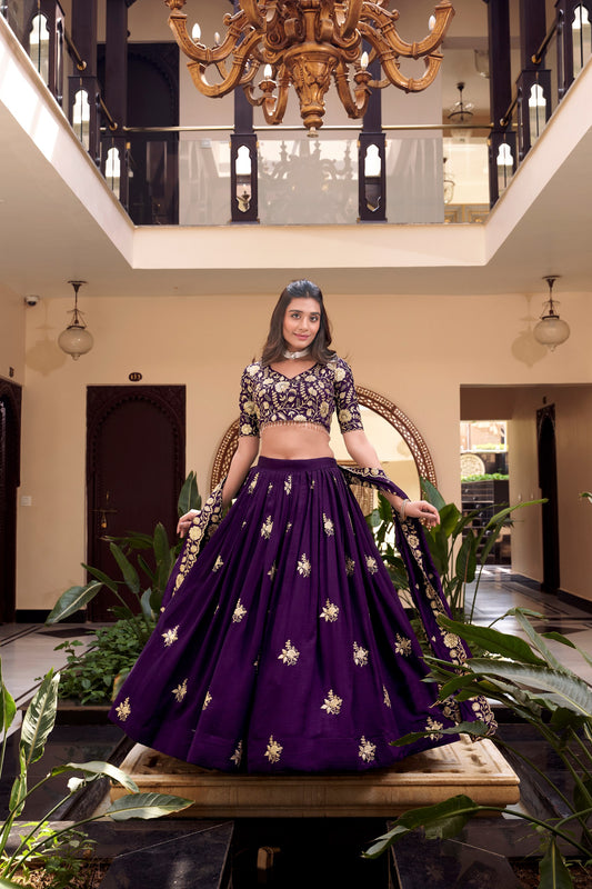 Purple Vichitra Silk Pearl Coding And Sequins Embroidery Work Lehenga Choli