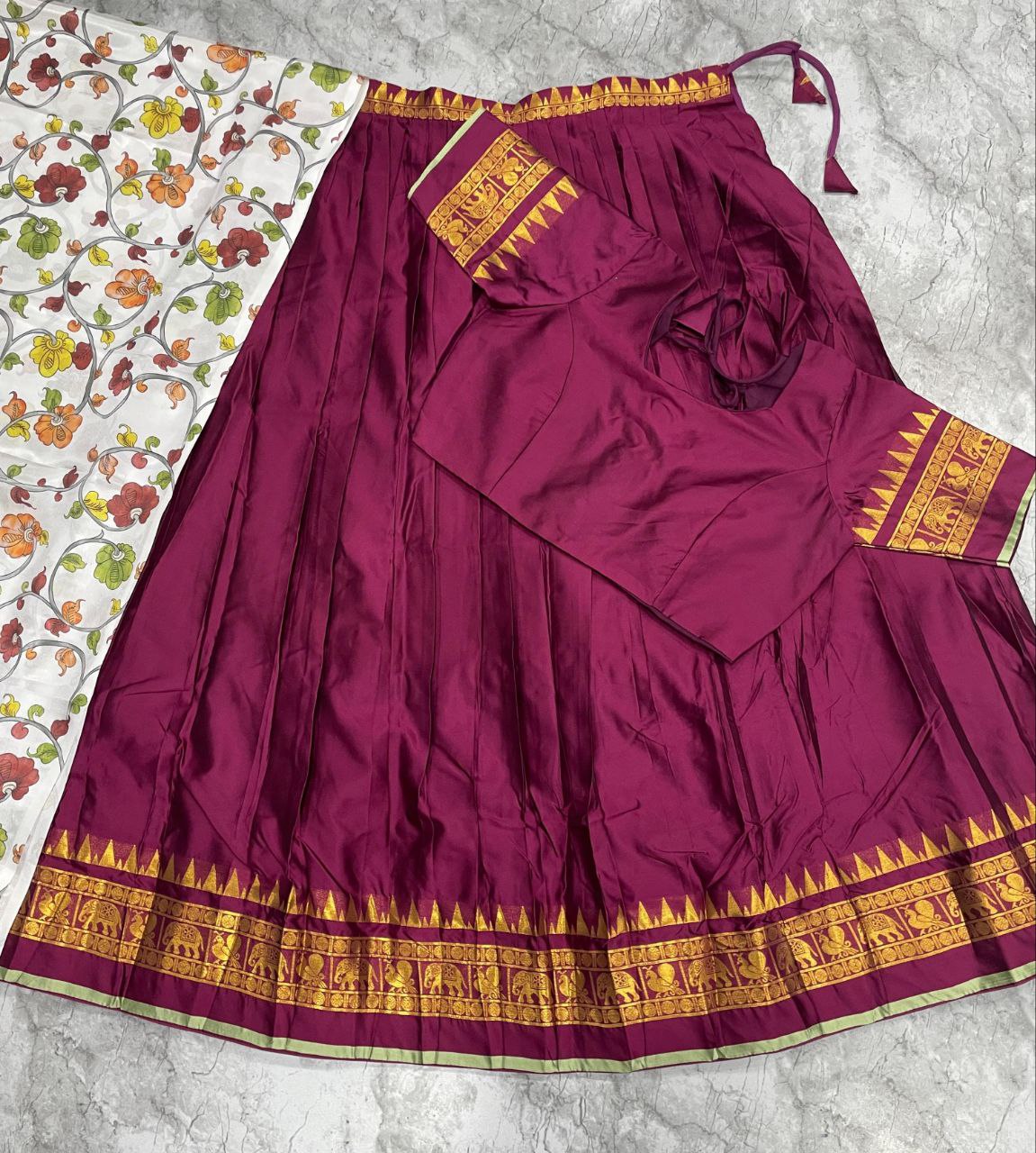 Jacquard silk half saree wine with gold zari border stitched on canvas
