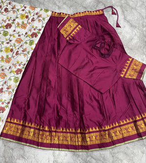 Jacquard silk half saree wine with gold zari border stitched on canvas
