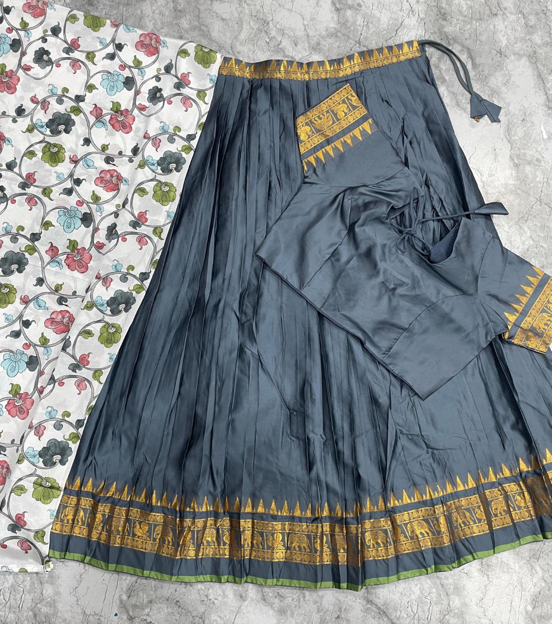 Half saree function grey lehenga with floral print dupatta and zari border
