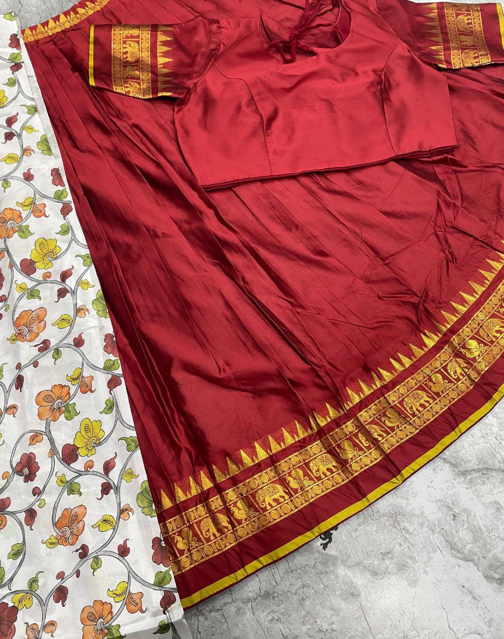 Half saree function maroon lehenga with floral print dupatta and zari border
