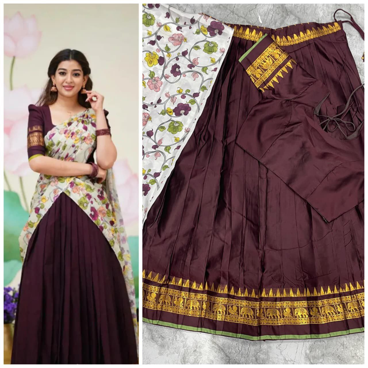 Traditional brown jacquard silk half saree with temple and elephant motif border
