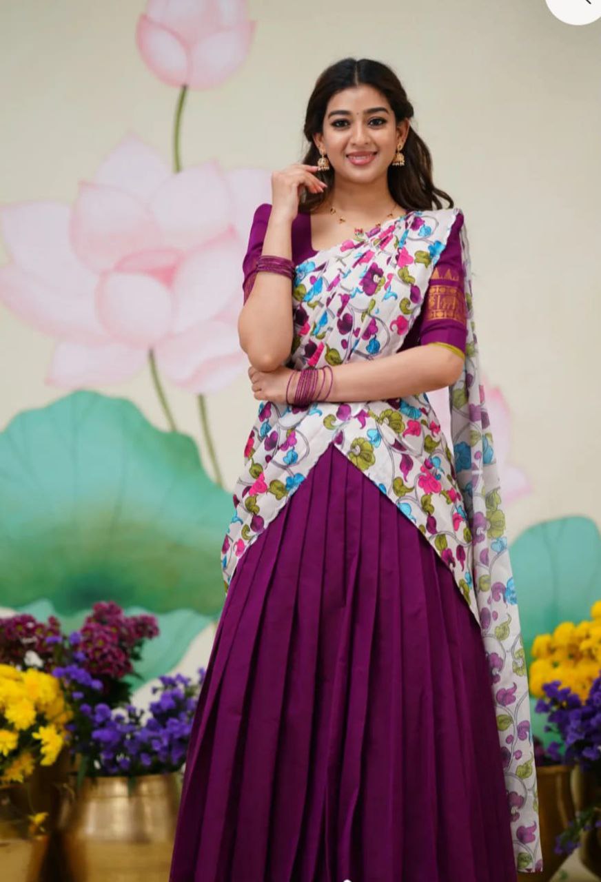 Wine jacquard silk half saree with gold zari temple border and floral print dupatta

