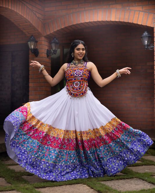 White Pure Rayon Cotton Patola Prints Muslin Patta Navratri Lehenga Choli