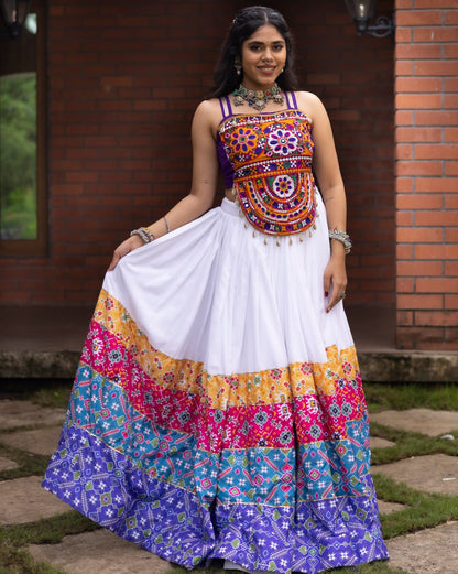 White Pure Rayon Cotton Patola Prints Muslin Patta Navratri Lehenga Choli