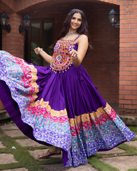 Purple Pure Rayon Cotton Patola Prints Muslin Patta Navratri Lehenga Choli