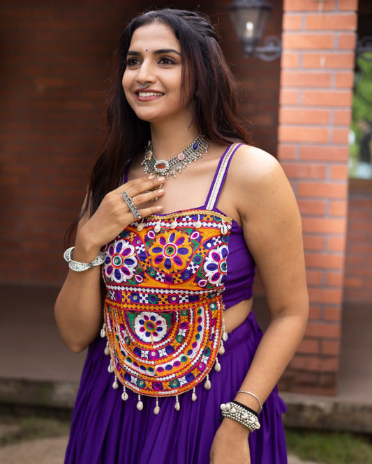 Purple Pure Rayon Cotton Patola Prints Muslin Patta Navratri Lehenga Choli