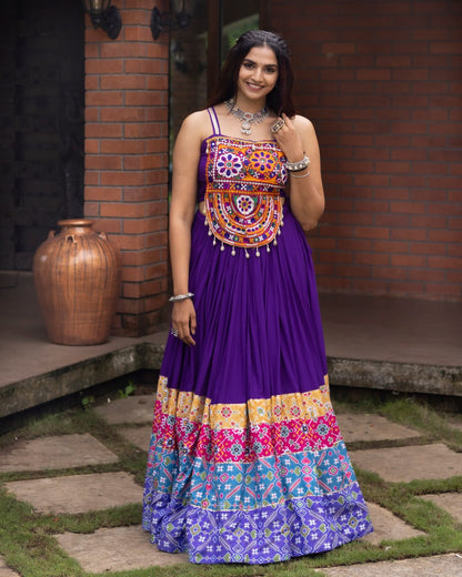 Purple Pure Rayon Cotton Patola Prints Muslin Patta Navratri Lehenga Choli