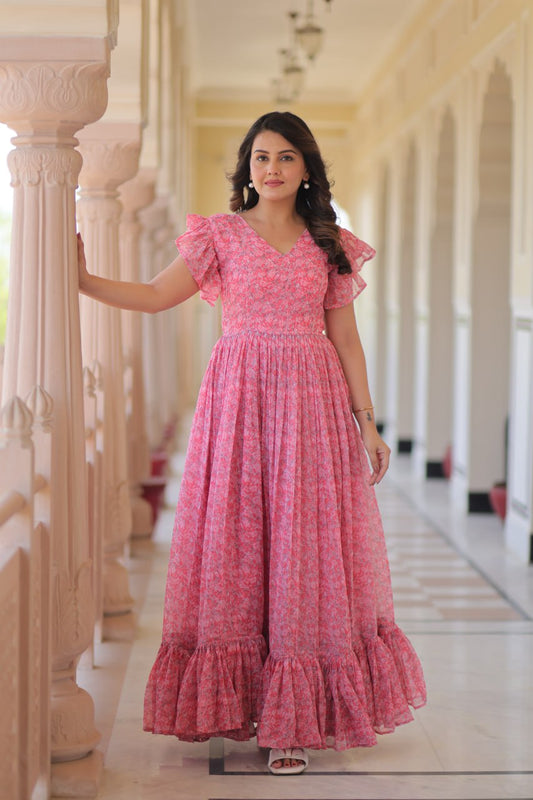 Baby Pink Color Faux Georgette With Print Gown