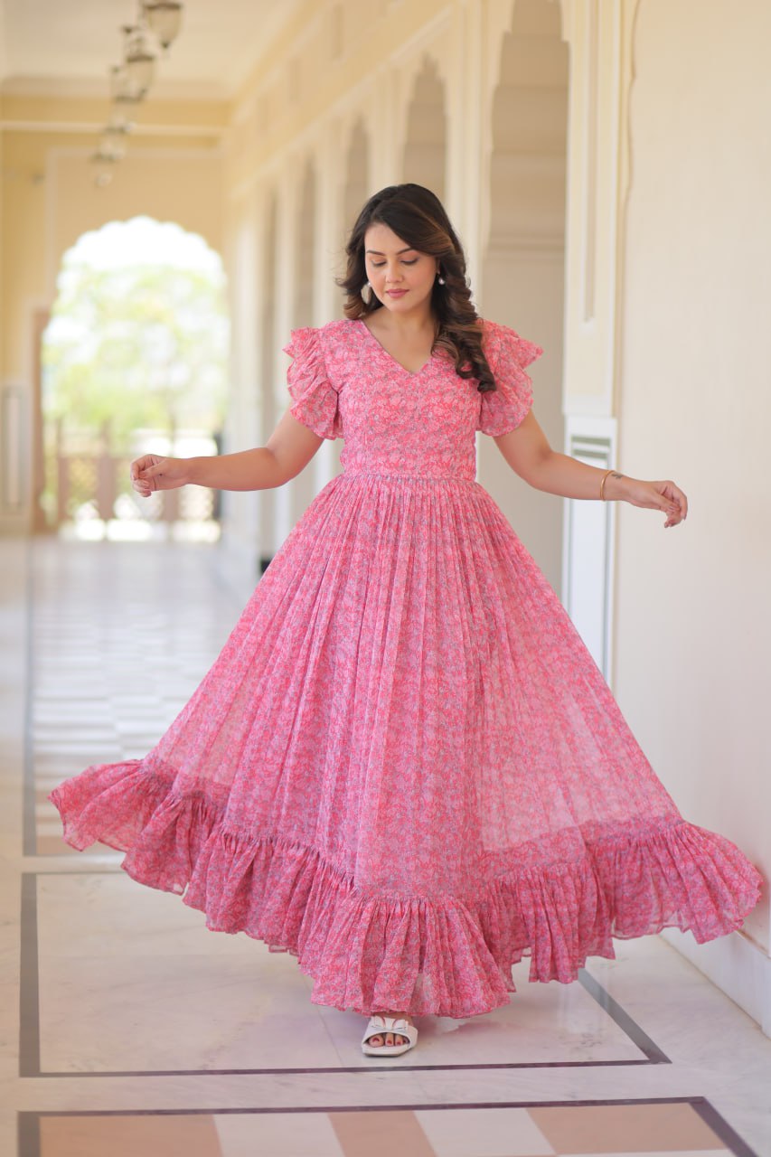 Baby Pink Color Faux Georgette With Print Gown