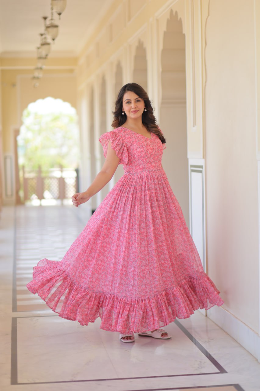 Baby Pink Color Faux Georgette With Print Gown
