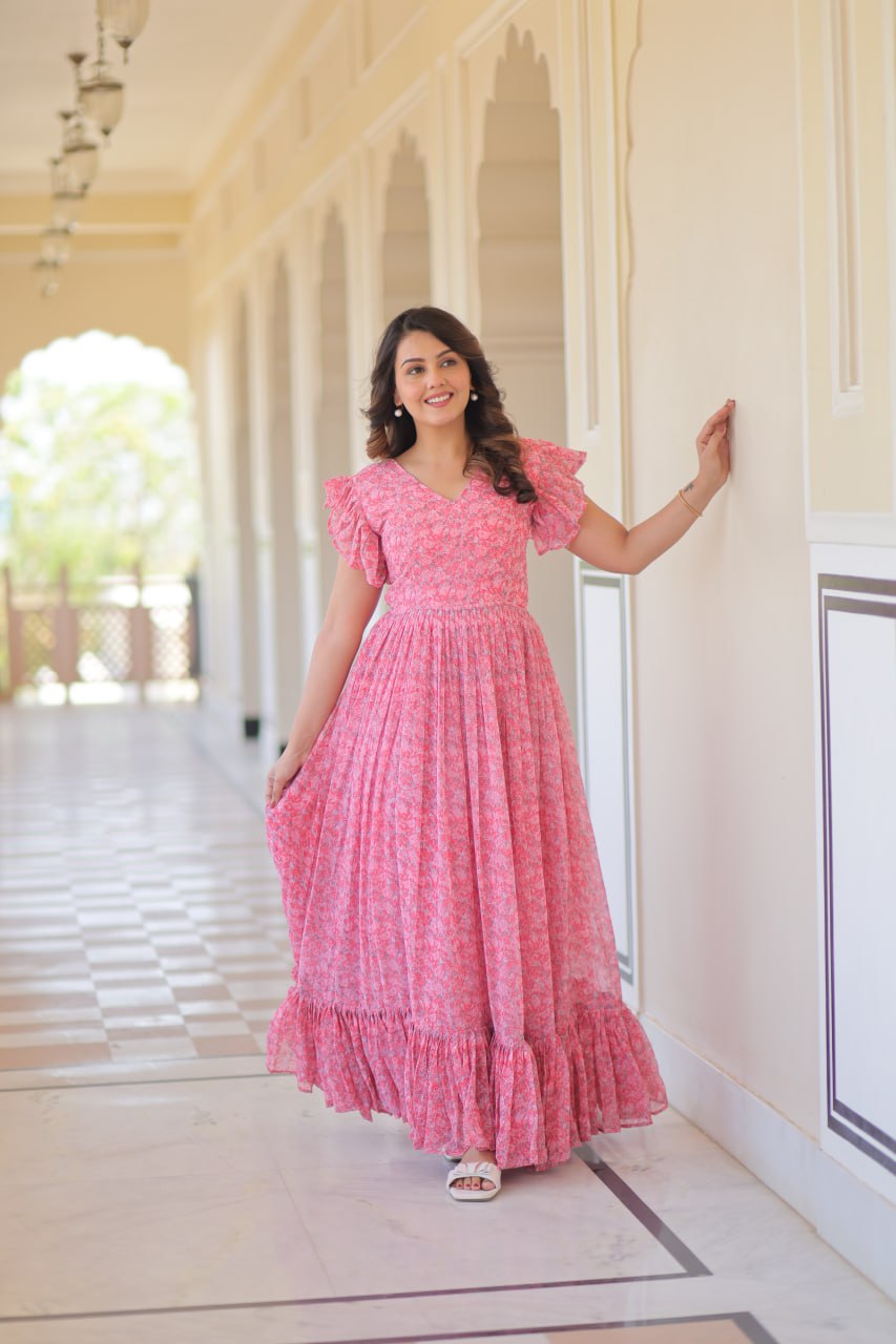 Baby Pink Color Faux Georgette With Print Gown