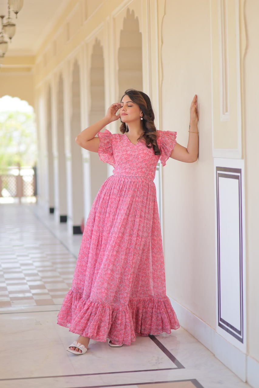 Baby Pink Color Faux Georgette With Print Gown