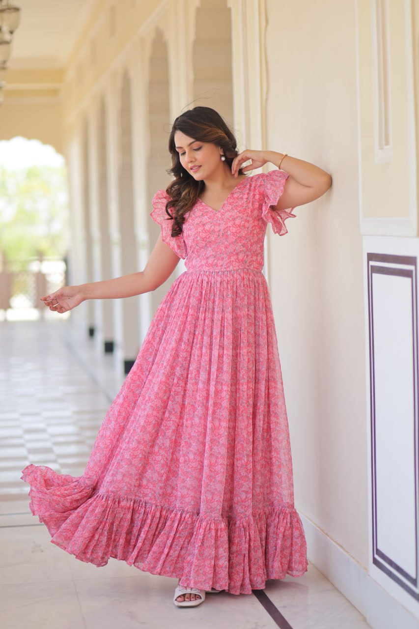 Baby Pink Color Faux Georgette With Print Gown