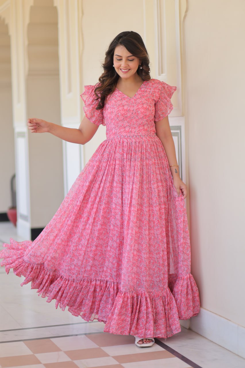 Baby Pink Color Faux Georgette With Print Gown