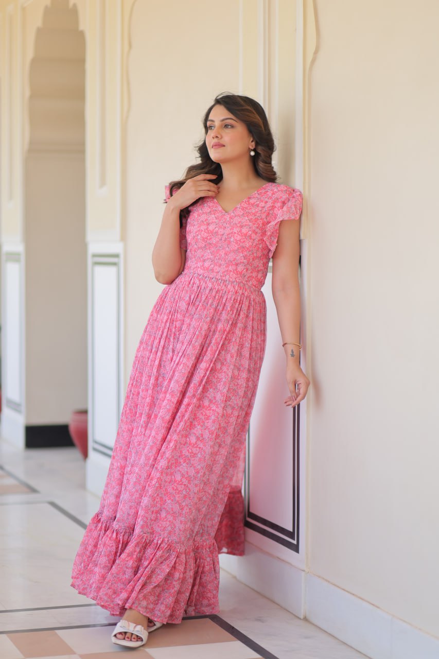 Baby Pink Color Faux Georgette With Print Gown