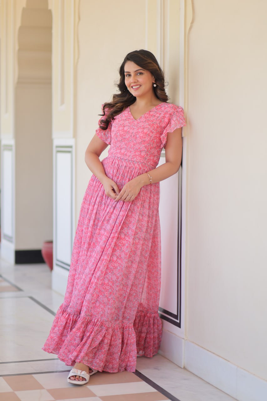 Baby Pink Color Faux Georgette With Print Gown