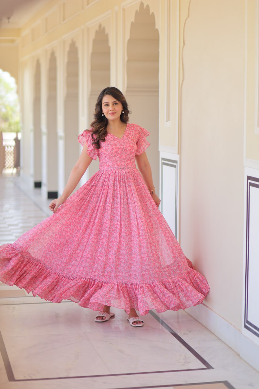 Baby Pink Color Faux Georgette With Print Gown