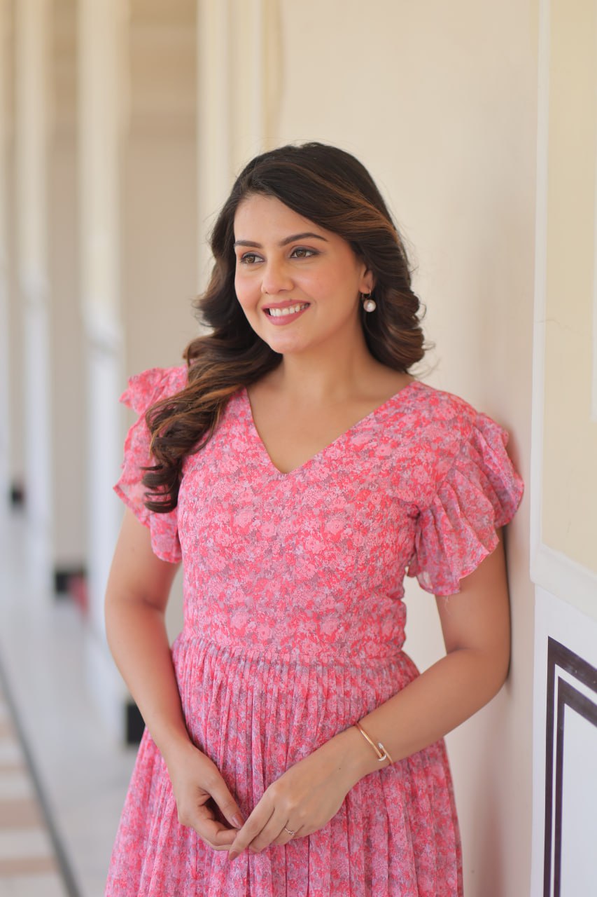 Baby Pink Color Faux Georgette With Print Gown