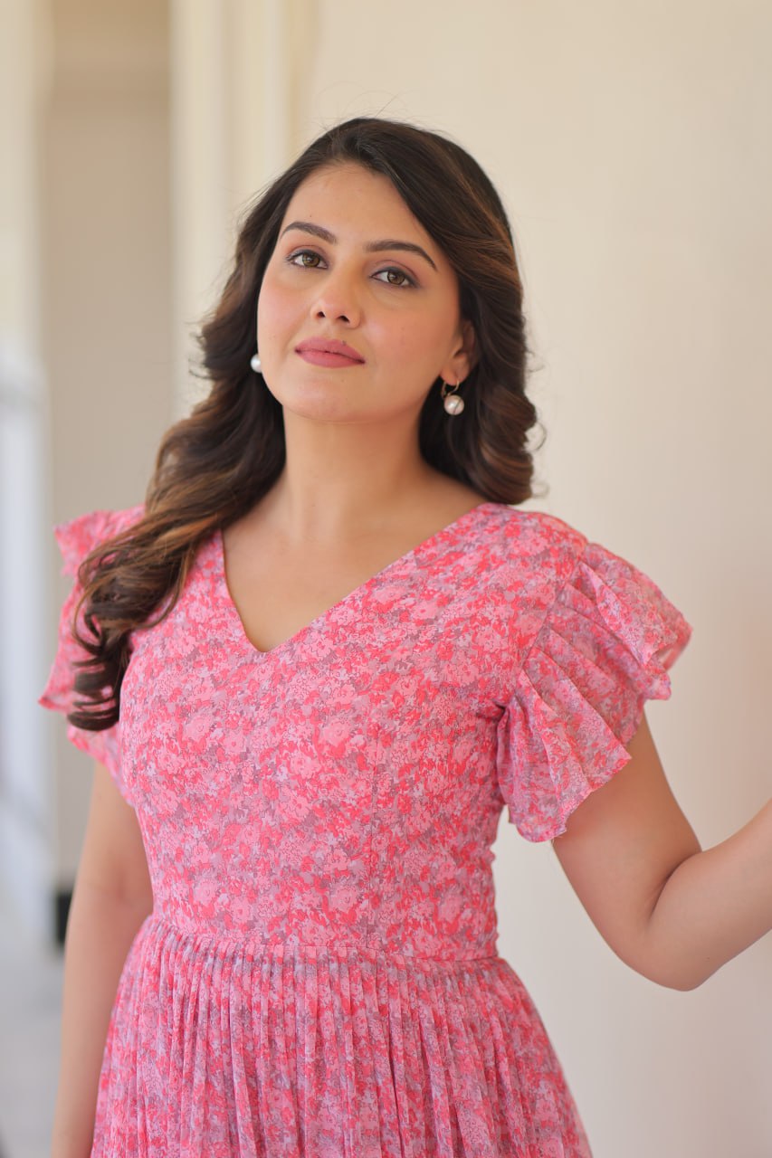 Baby Pink Color Faux Georgette With Print Gown
