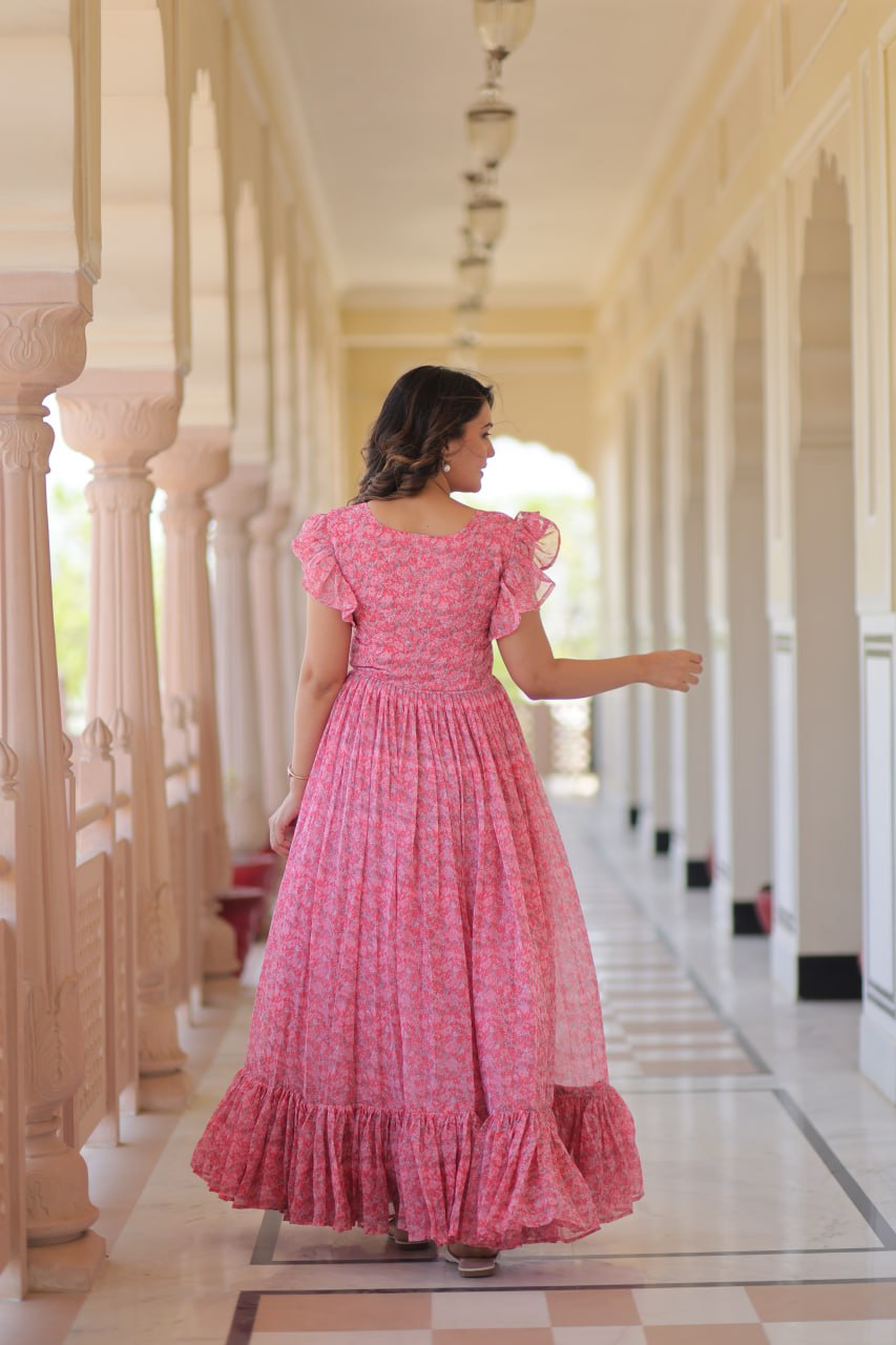 Baby Pink Color Faux Georgette With Print Gown