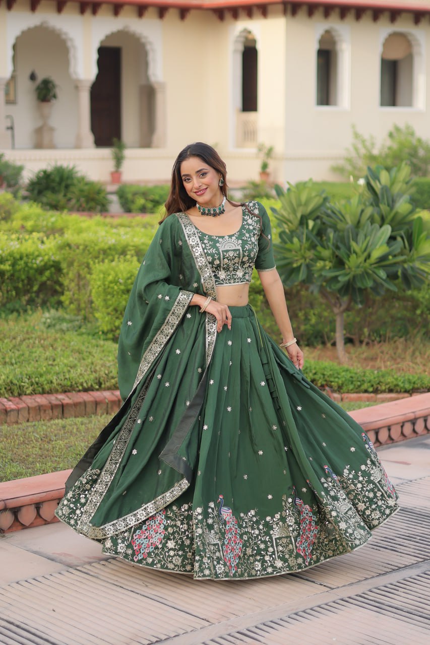 Green Vichitra Silk Sequins Zari Thread Embroidered Lehenga Choli – Designer Festive Lehenga