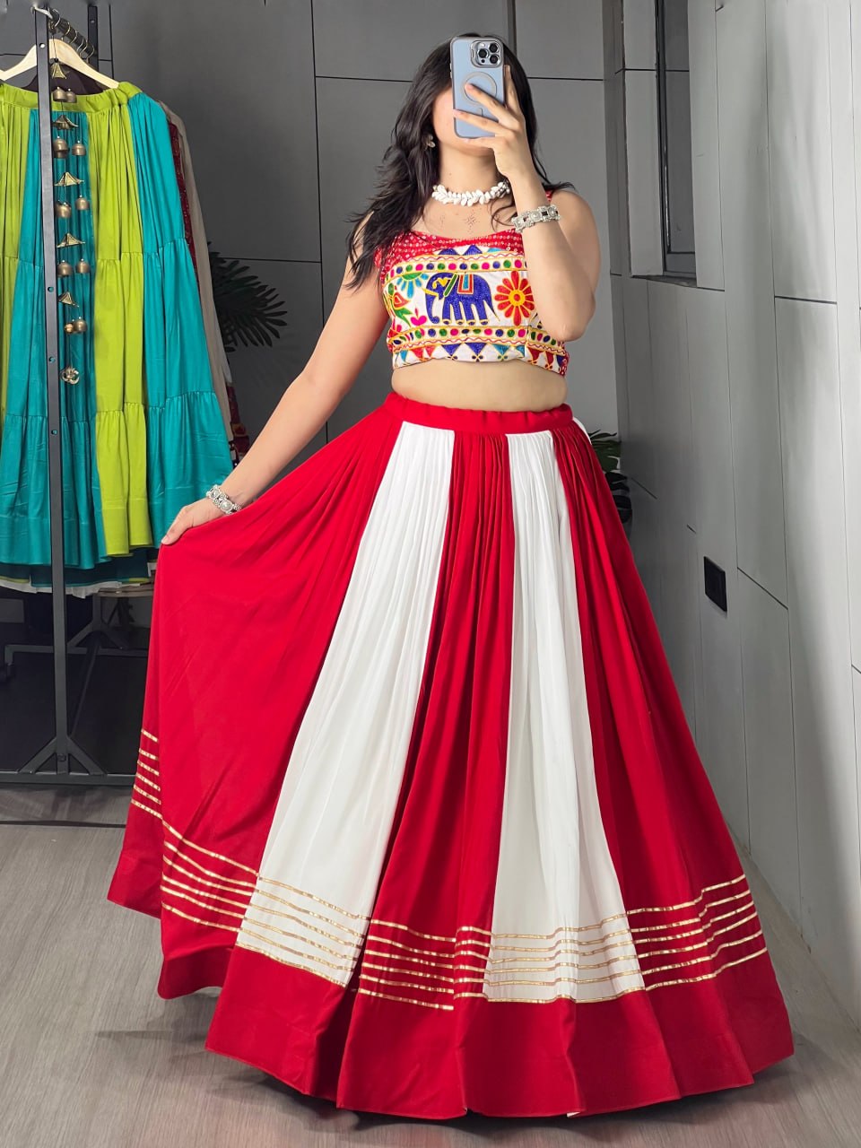 Red and white rayon cotton Navratri chaniya choli with gota patti kali skirt
