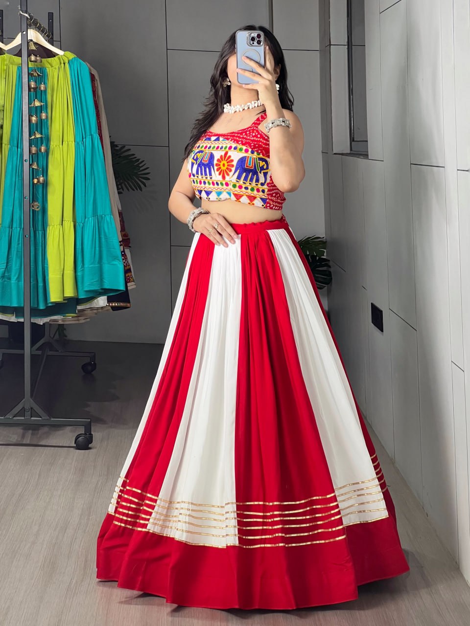 Dandiya outfit red white rayon cotton flared chaniya choli with gota patti
