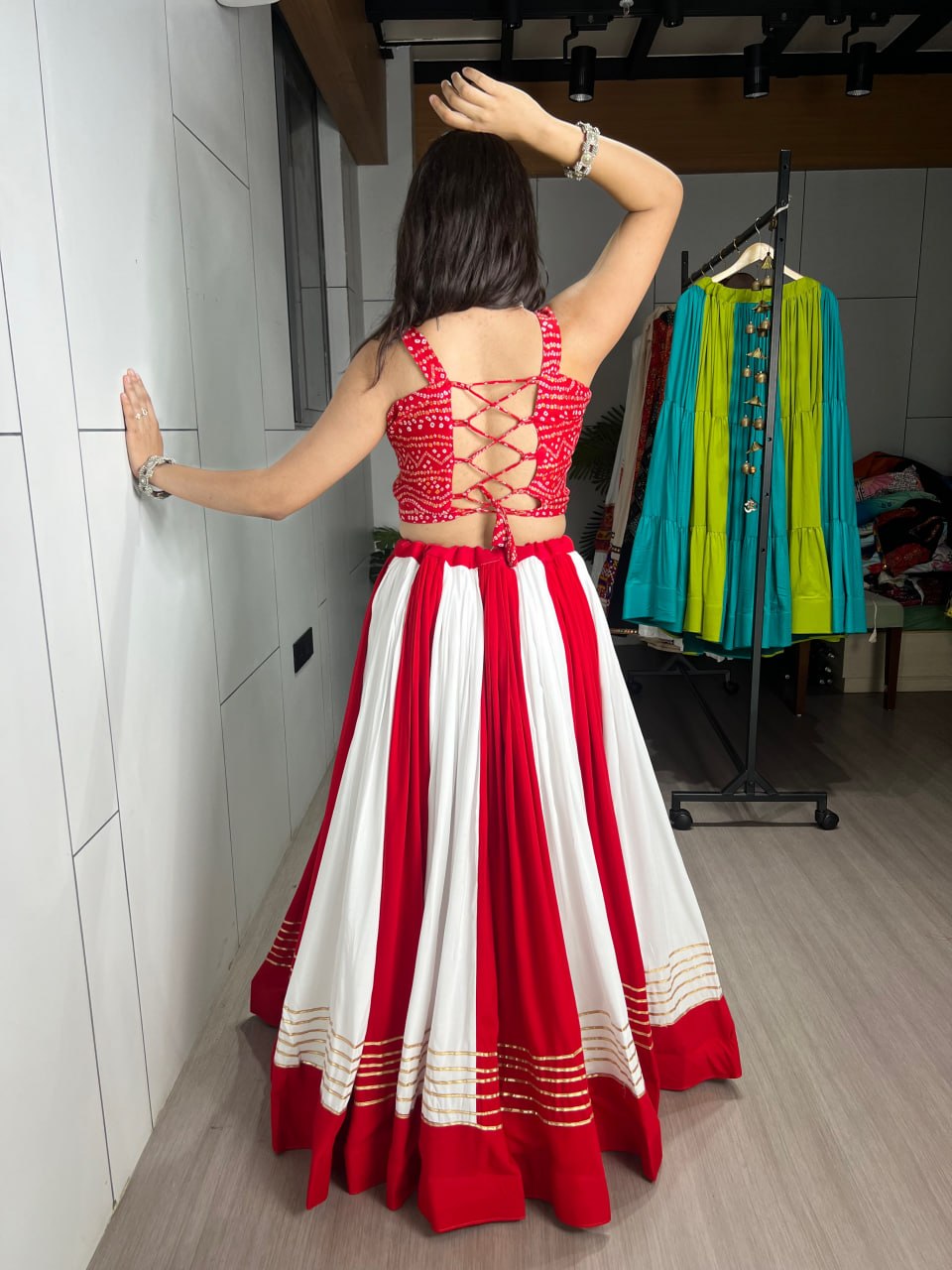Gujarati chaniya choli with Kutchi elephant motif mirror embroidery blouse
