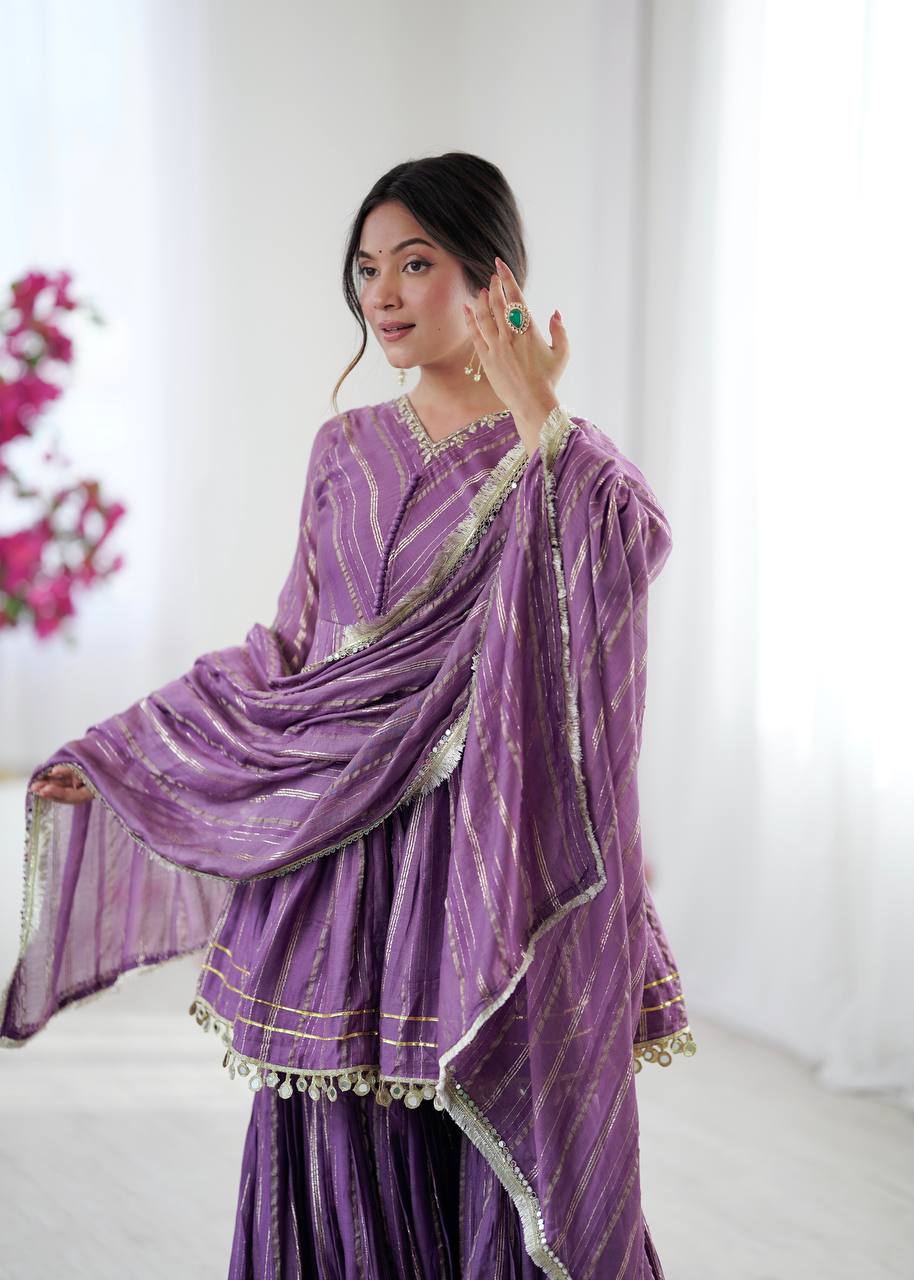 Deep Purple Chanderi Silk Sharara Set with Real Mirror & Handwork Embroidery
